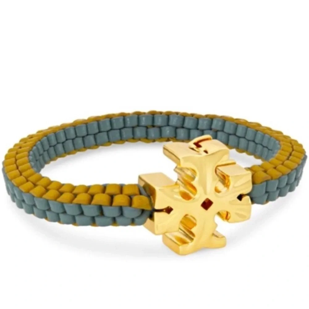 NWT Tory Burch Authentic Roxanne Goldtone & Green Yellow Leather Woven Bracelet